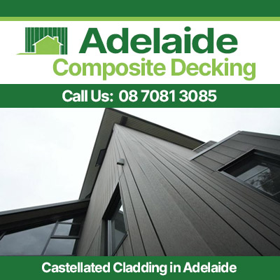 Adelaide castellated cladding with vertical charcoal grey ribbed panels showing detail view